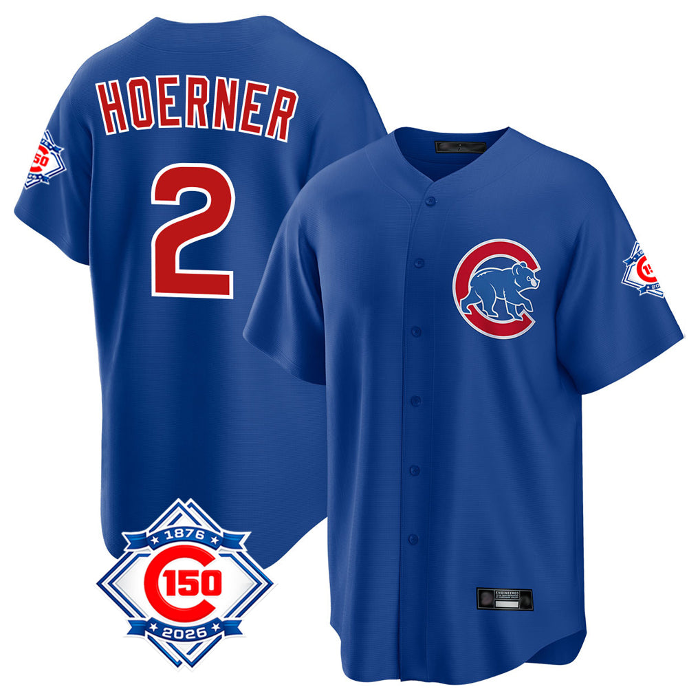 MATTH C.Cubs #2 Nico Hoerner Player Royal 150th Anniversary Home Game Stitched Jerseys