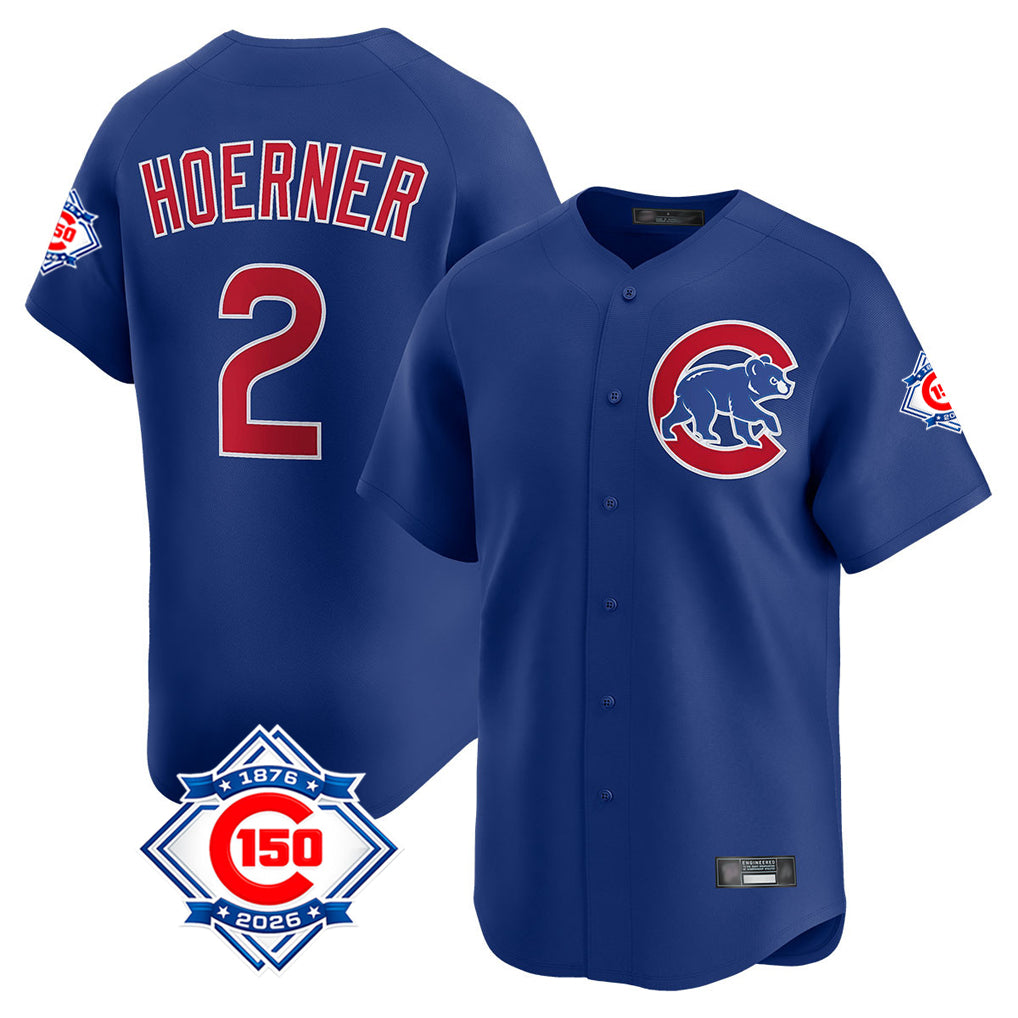 MATTH C.Cubs #2 Nico Hoerner Player Royal 150th Anniversary Limited Home Stitched Jerseys
