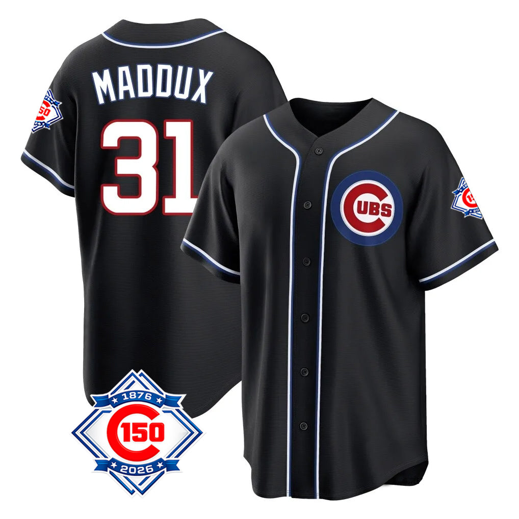 MATTH C.Cubs #31 Greg Maddux Player Black Fashion Out 150th Anniversary Game Stitched Jerseys