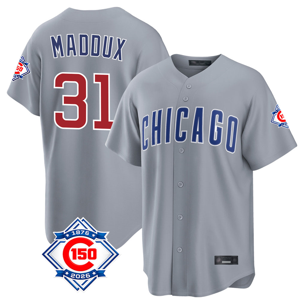 MATTH C.Cubs #31 Greg Maddux Player Gray 150th Anniversary Home Game Stitched Jerseys