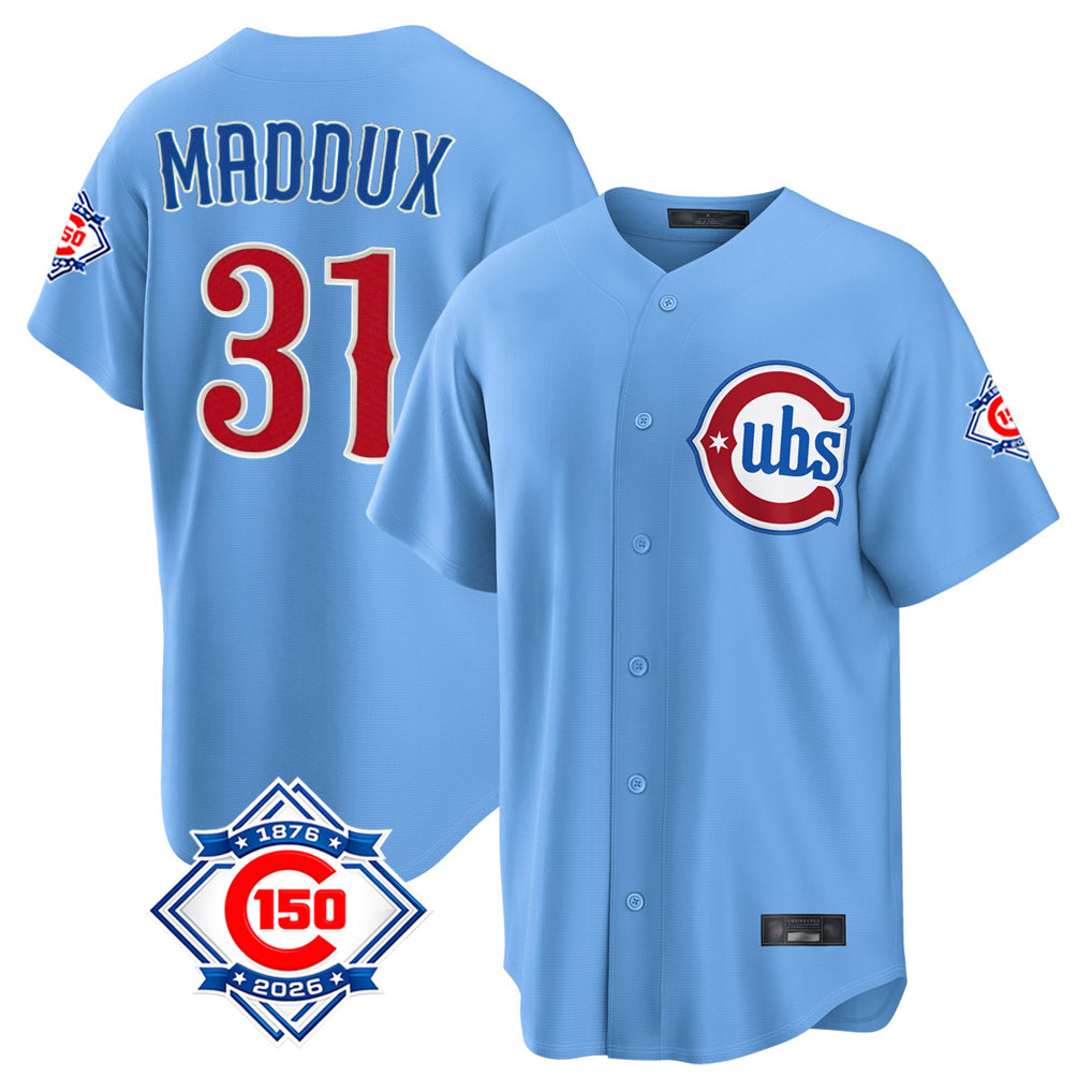 MATTH C.Cubs #31 Greg Maddux Player Light Blue 150th Anniversary Home Game Stitched Jerseys
