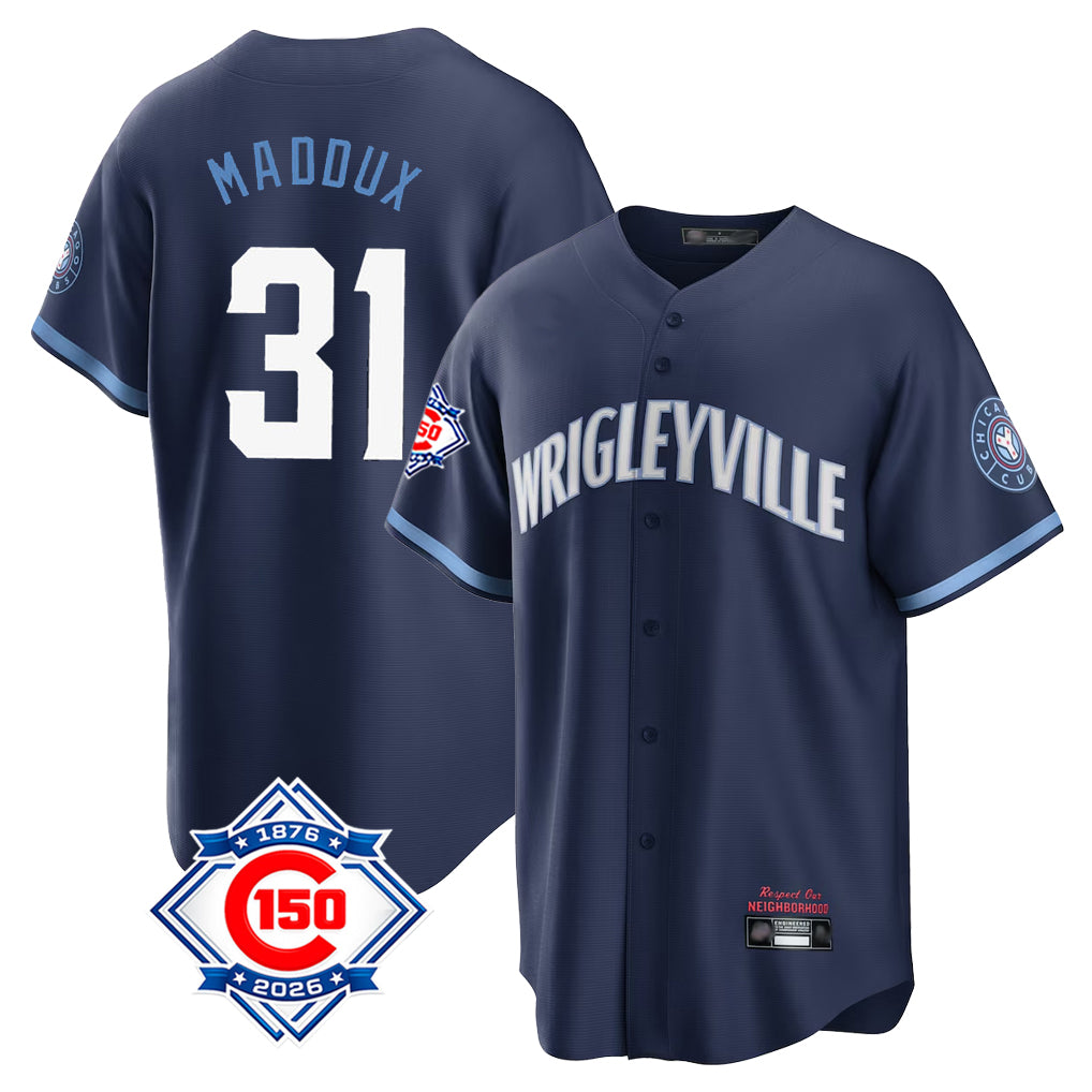 MATTH C.Cubs #31 Greg Maddux Player Navy 150th Anniversary City Connect Home Game Stitched Jerseys