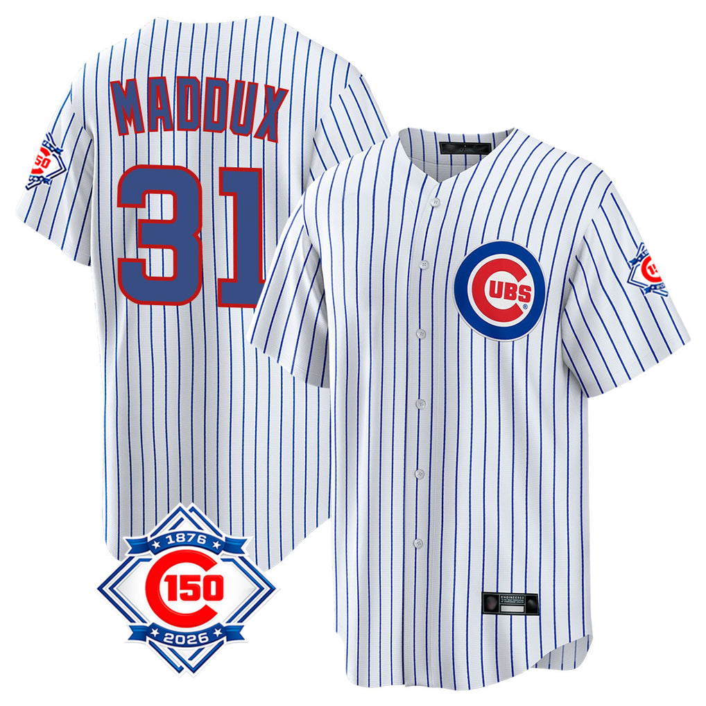 MATTH C.Cubs #31 Greg Maddux Player White 150th Anniversary Home Game Stitched Jerseys