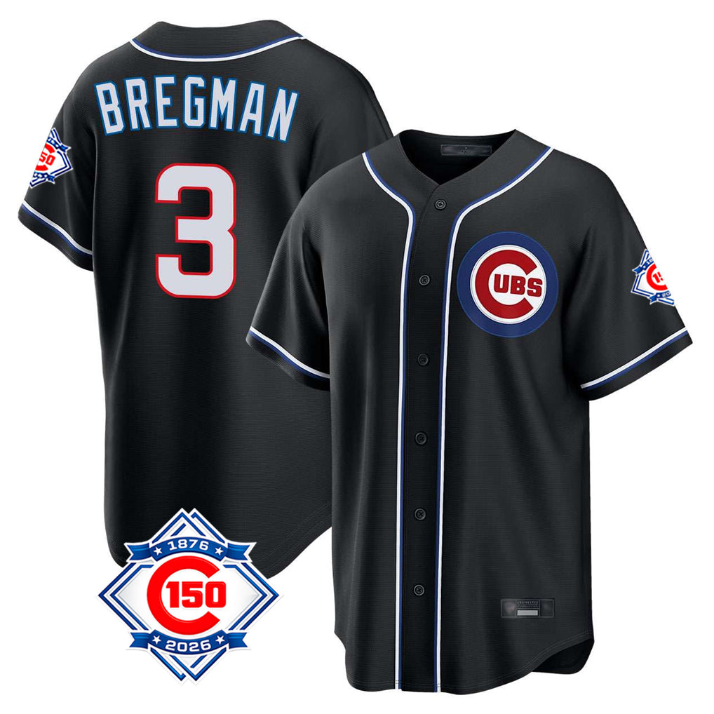 MATTH C.Cubs #3 Alex Bregman Black Fashion Out 150th Anniversary Game Stitched Jerseys