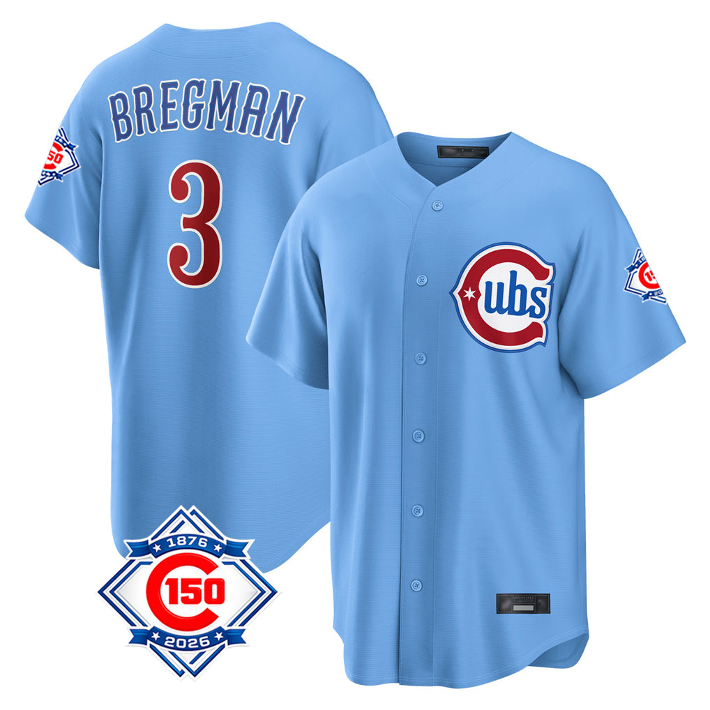 MATTH C.Cubs #3 Alex Bregman Light Blue 150th Anniversary Home Game Stitched Jerseys