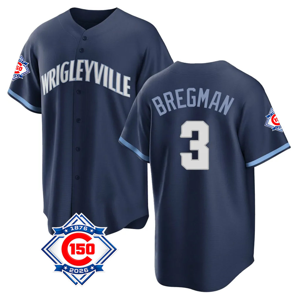 MATTH C.Cubs #3 Alex Bregman Navy 150th Anniversary City Connect Home Game Stitched Jerseys