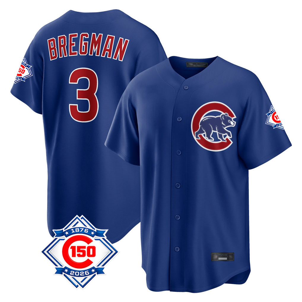 MATTH C.Cubs #3 Alex Bregman Royal 150th Anniversary Home Game Stitched Jerseys