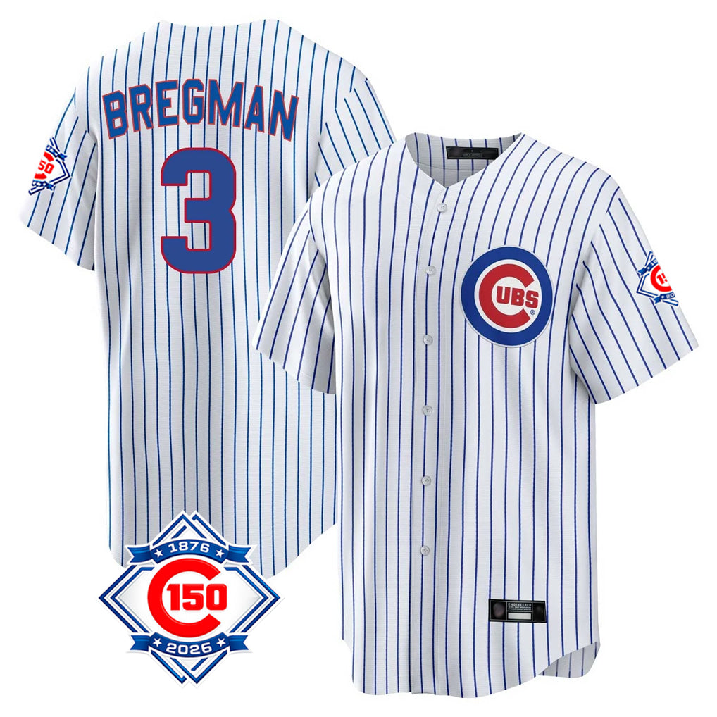 MATTH C.Cubs #3 Alex Bregman White 150th Anniversary Home Game Stitched Jerseys