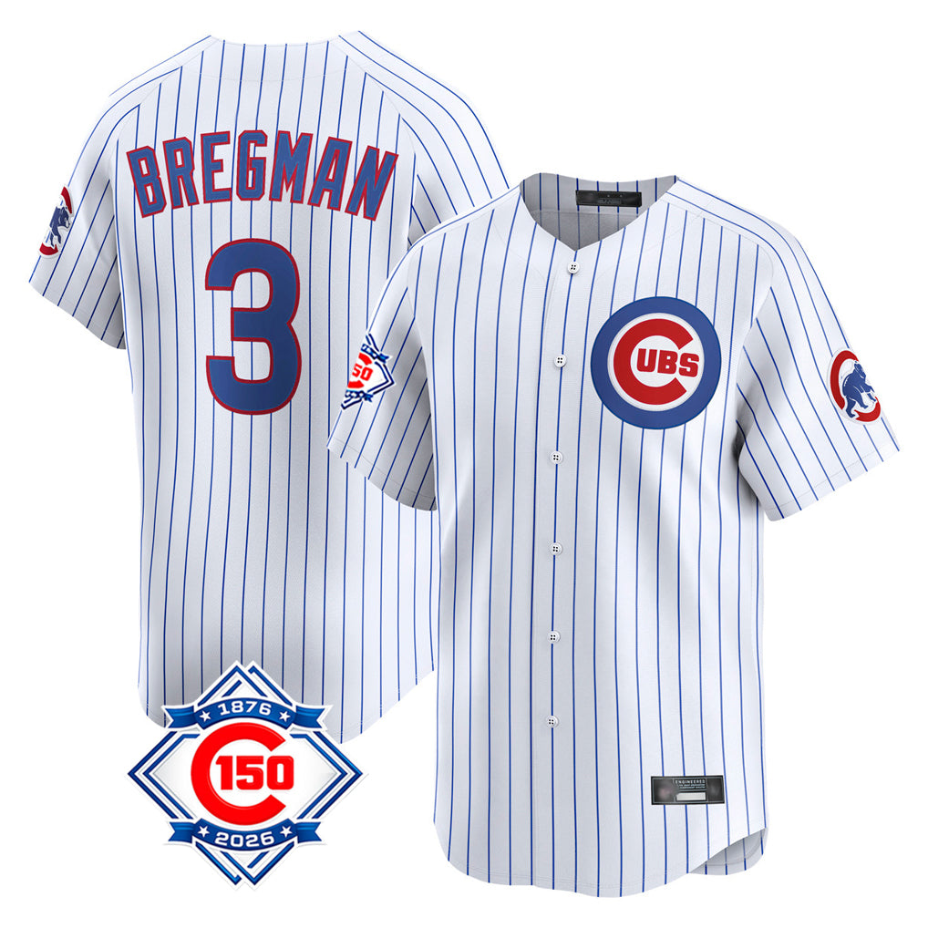 MATTH C.Cubs #3 Alex Bregman White 150th Anniversary Limited Home Game Stitched Jerseys