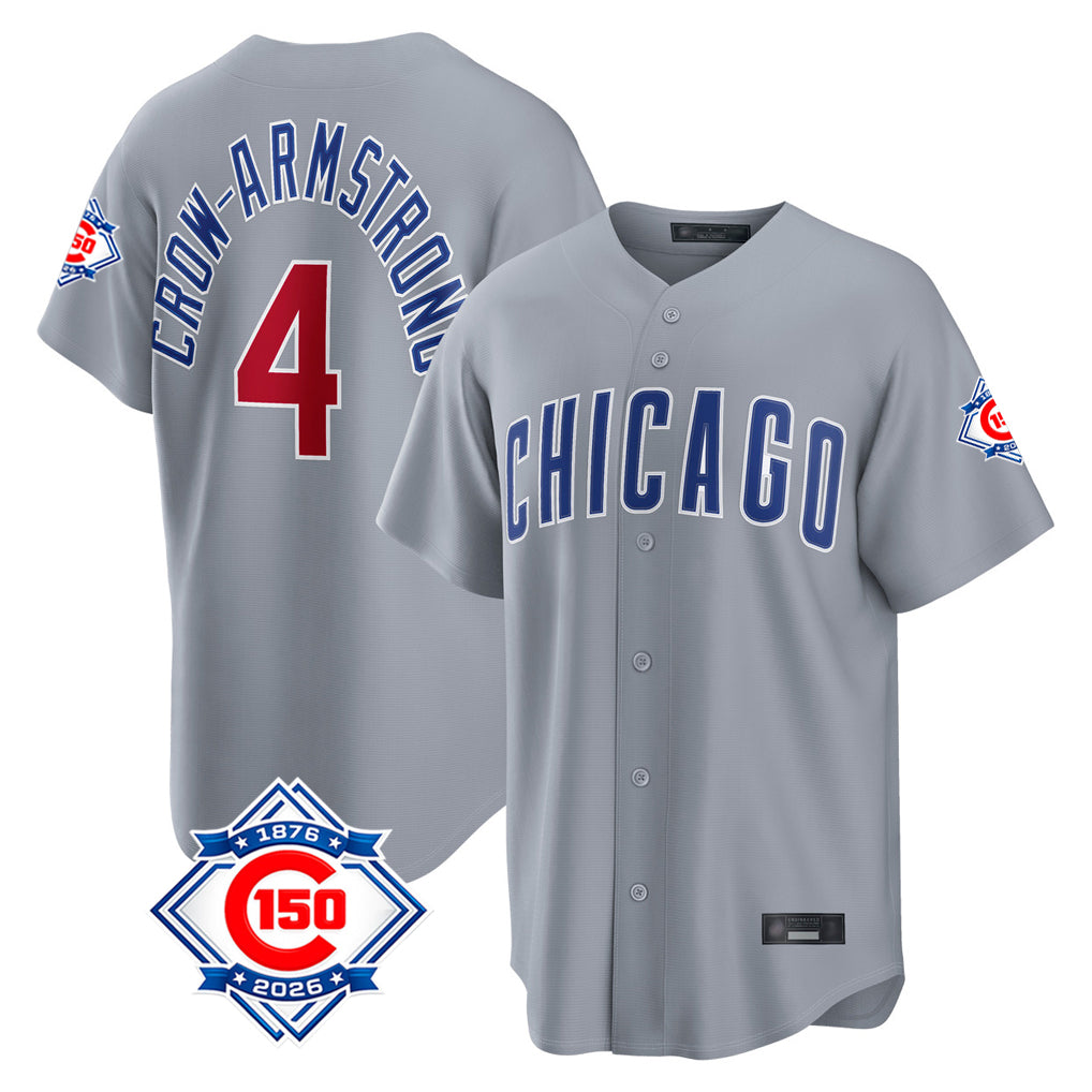 MATTH C.Cubs #4 Pete Crow-Armstrong Player Gray 150th Anniversary Home Game Stitched Jerseys