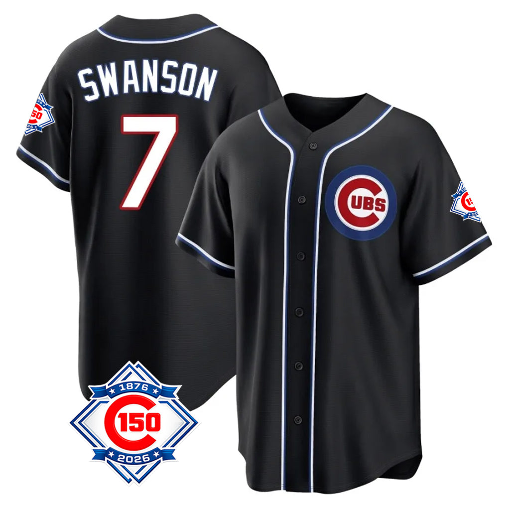 MATTH C.Cubs #7 Dansby Swanson Player Black Fashion Out 150th Anniversary Game Stitched Jerseys