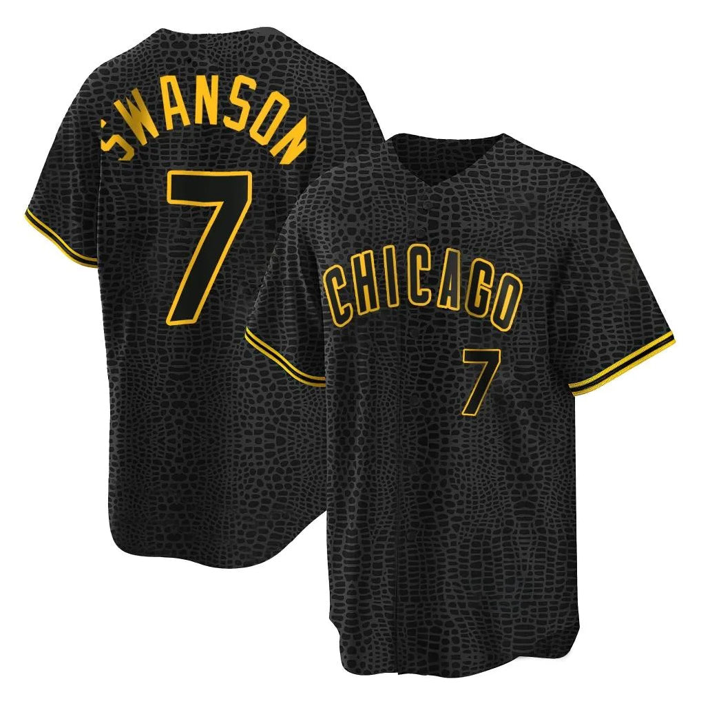 MATTH C.Cubs #7 Dansby Swanson Player Black Snake Skin City Game Stitched Jerseys