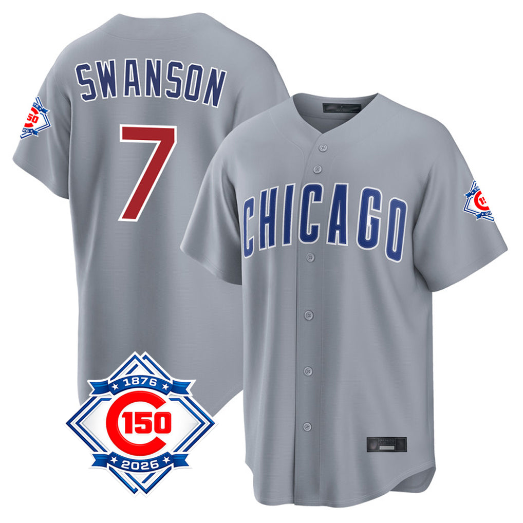 MATTH C.Cubs #7 Dansby Swanson Player Gray 150th Anniversary Home Game Stitched Jerseys