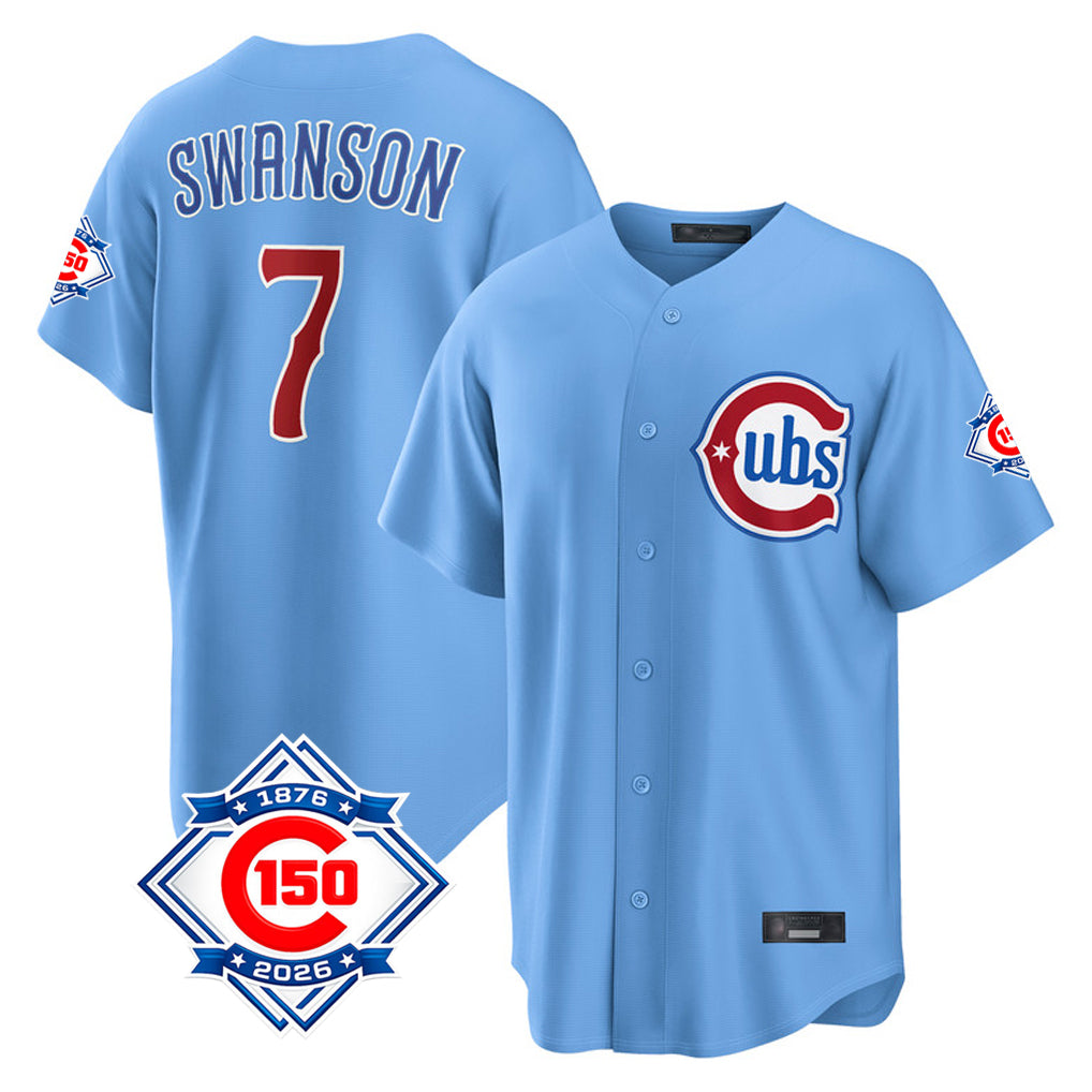 MATTH C.Cubs #7 Dansby Swanson Player Light Blue 150th Anniversary Home Game Stitched Jerseys