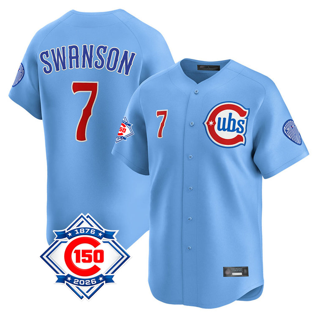 MATTH C.Cubs #7 Dansby Swanson Player Light Blue 150th Anniversary Limited Home Stitched Jerseys