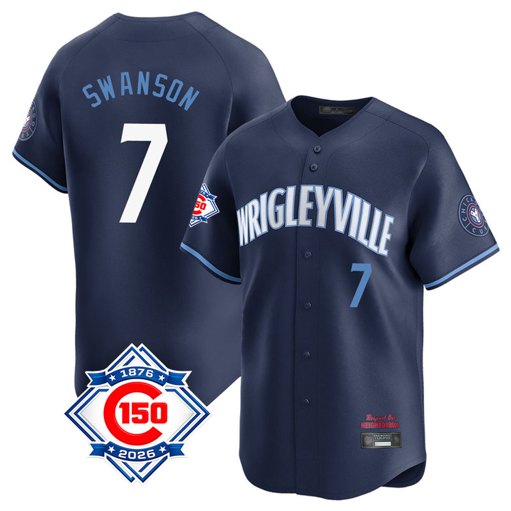 MATTH C.Cubs #7 Dansby Swanson Player Navy City Connect 150th Anniversary Limited Home Stitched Jerseys