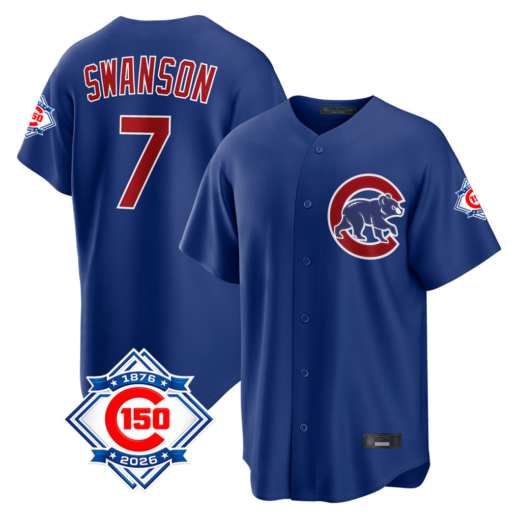 MATTH C.Cubs #7 Dansby Swanson Player Royal 150th Anniversary Home Game Stitched Jerseys