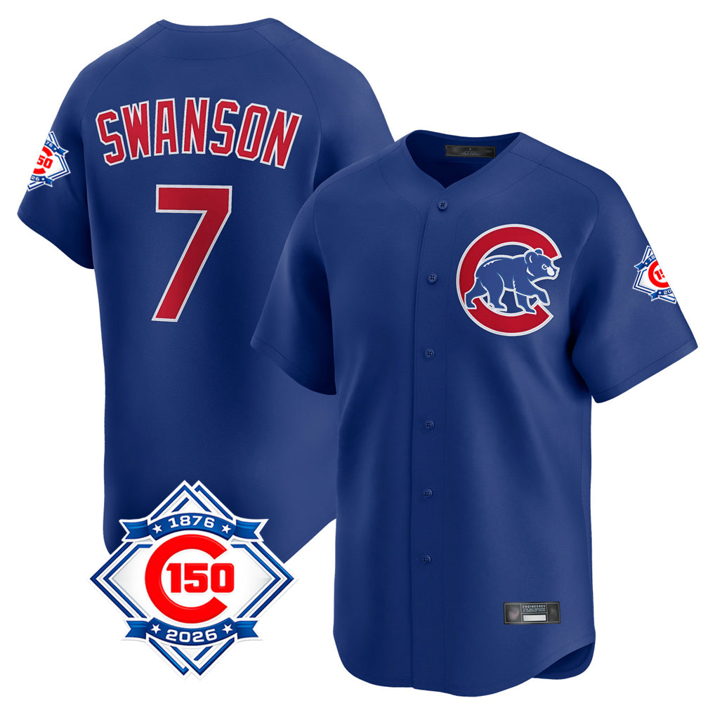 MATTH C.Cubs #7 Dansby Swanson Player Royal 150th Anniversary Limited Home Stitched Jerseys