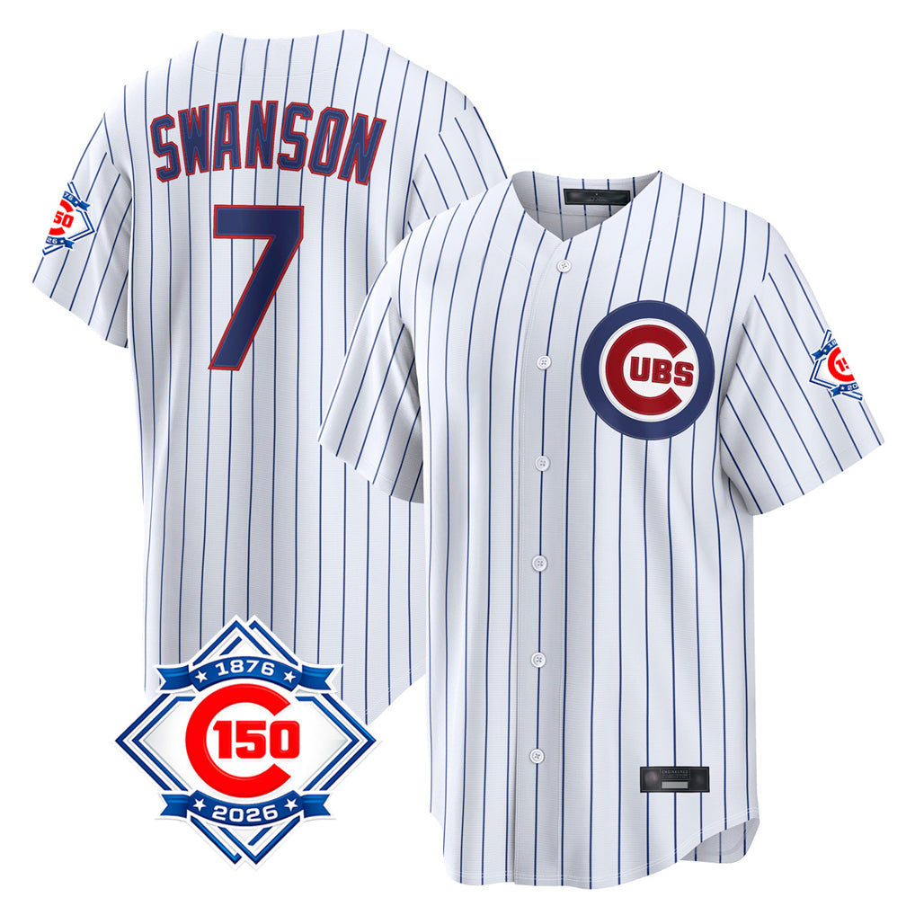MATTH C.Cubs #7 Dansby Swanson Player White 150th Anniversary Game Home Stitched Jerseys