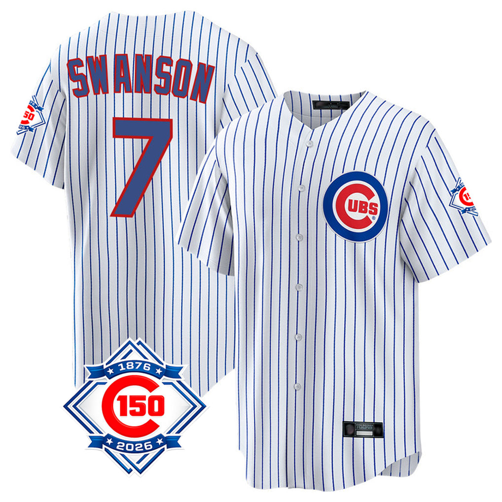 MATTH C.Cubs #7 Dansby Swanson Player White 150th Anniversary Home Game Stitched Jerseys