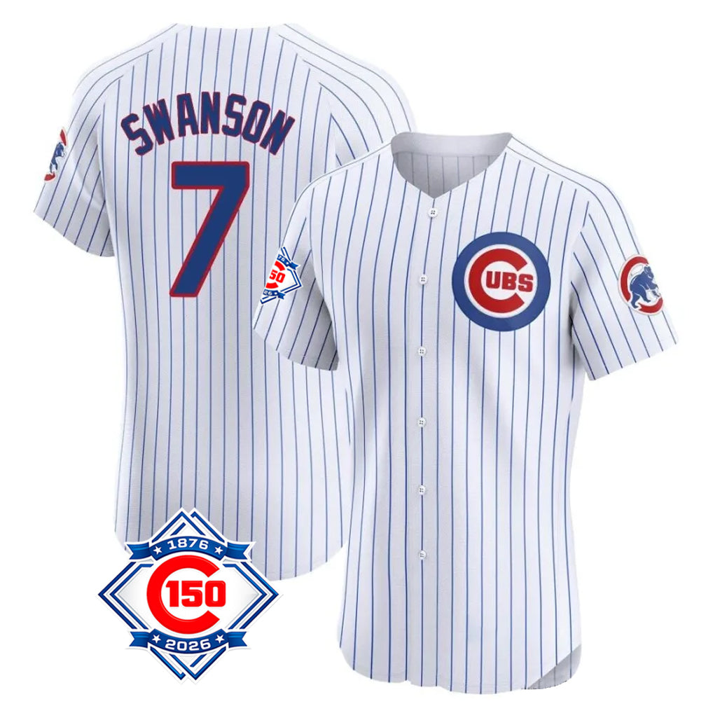 MATTH C.Cubs #7 Dansby Swanson Player White 150th Anniversary Limited Elite Home Game Stitched Jerseys