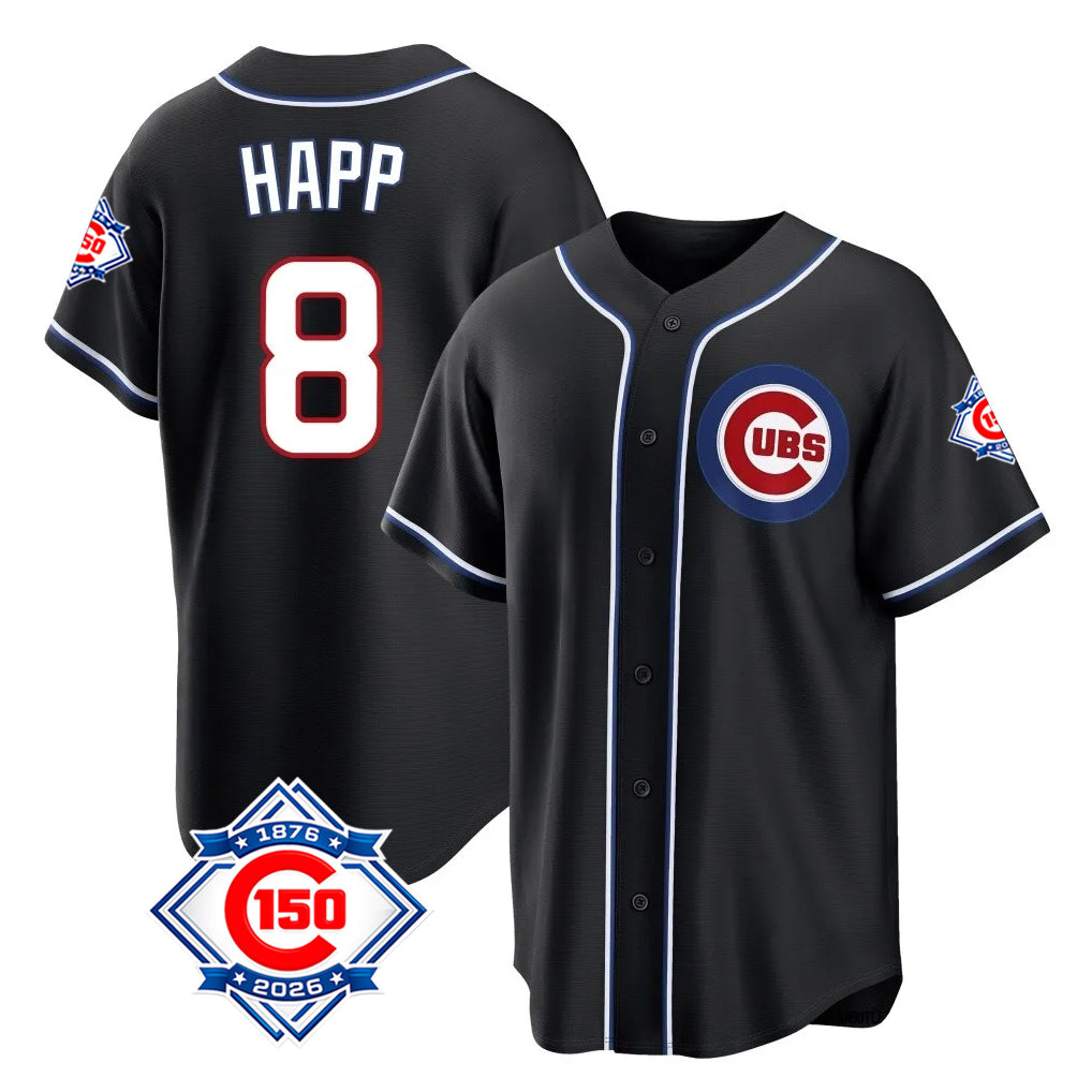 MATTH C.Cubs #8 Ian Happ Player Black Fashion Out 150th Anniversary Game Stitched Jerseys