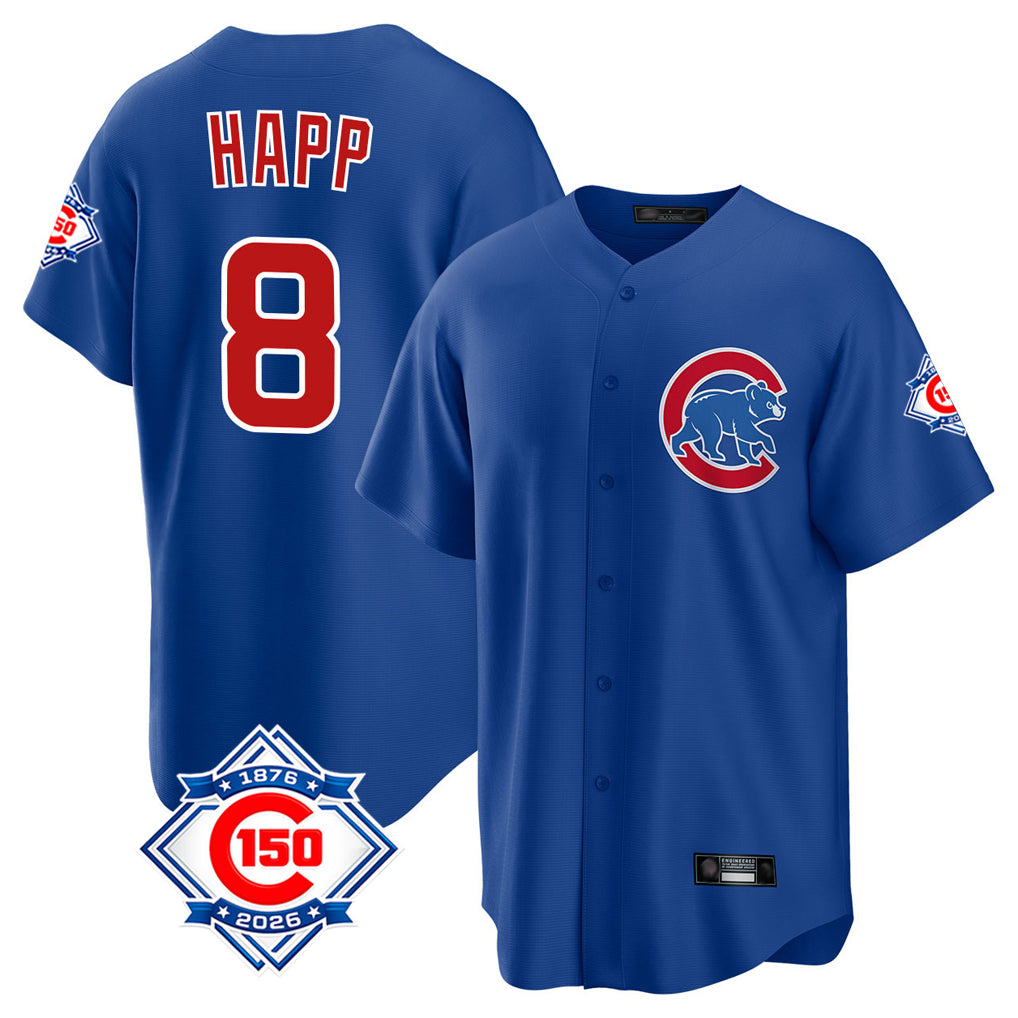 MATTH C.Cubs #8 Ian Happ Player Royal 150th Anniversary Home Game Stitched Jerseys