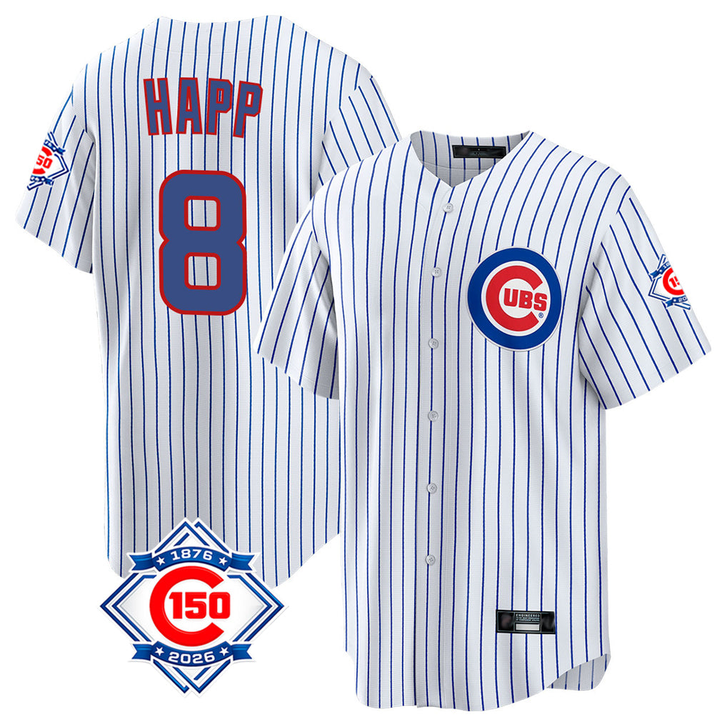 MATTH C.Cubs #8 Ian Happ Player White 150th Anniversary Home Game Stitched Jerseys