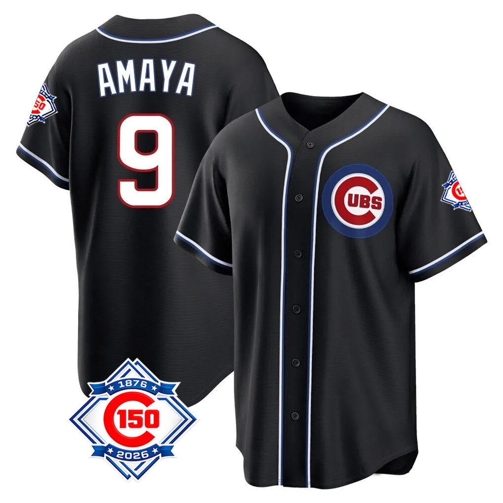 MATTH C.Cubs #9 Miguel Amaya Player Black Fashion Out 150th Anniversary Game Stitched Jerseys