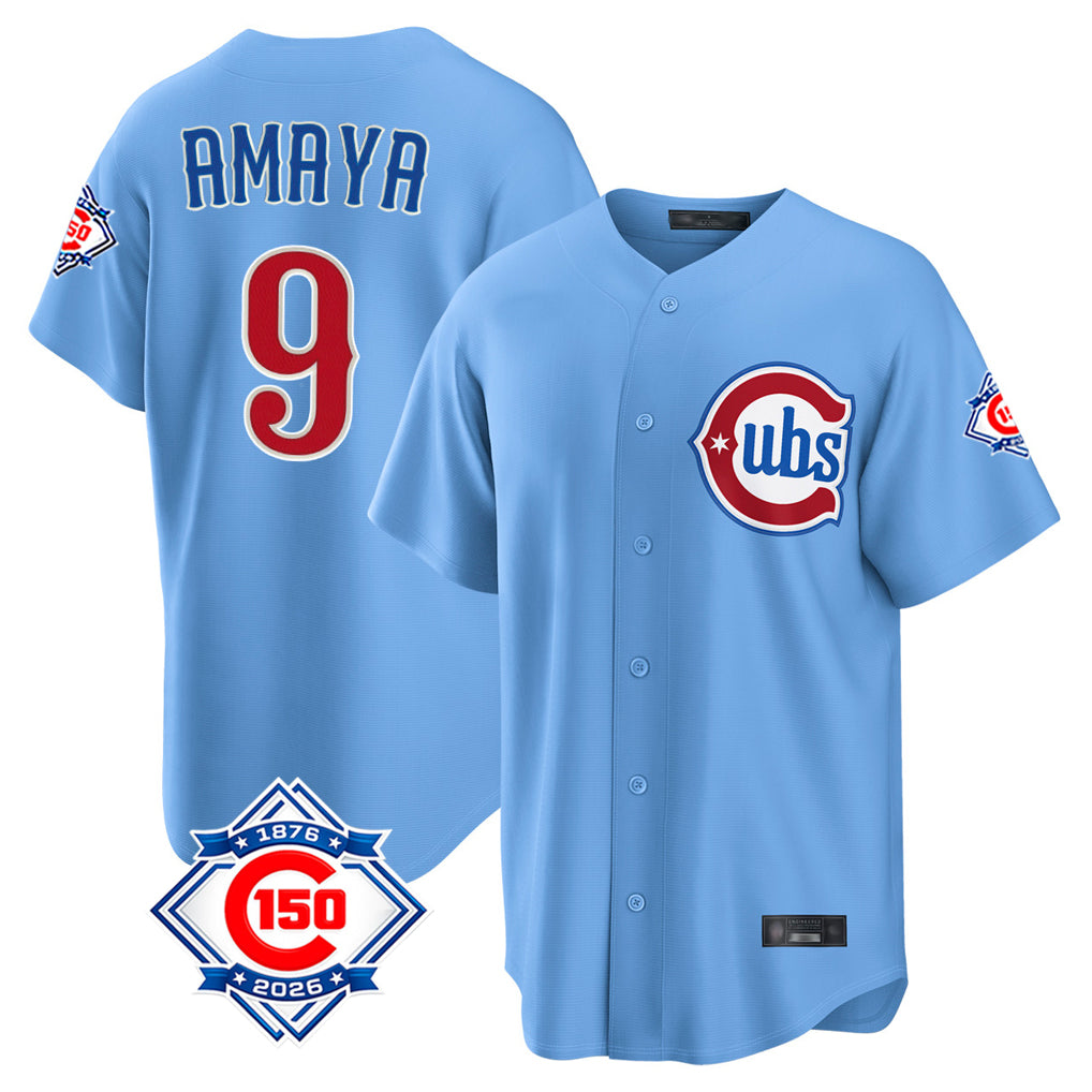 MATTH C.Cubs #9 Miguel Amaya Player Light Blue 150th Anniversary Home Game Stitched Jerseys