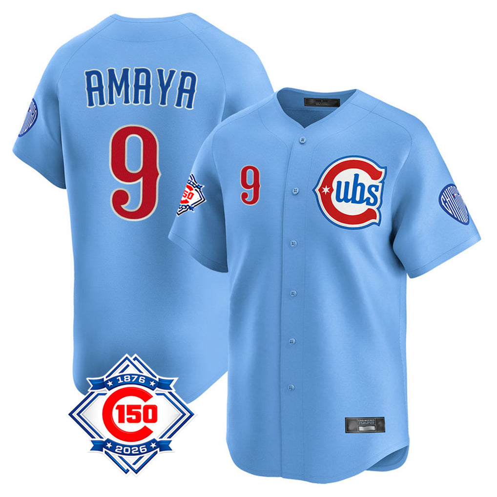 MATTH C.Cubs #9 Miguel Amaya Player Light Blue 150th Anniversary Limited Home Stitched Jerseys