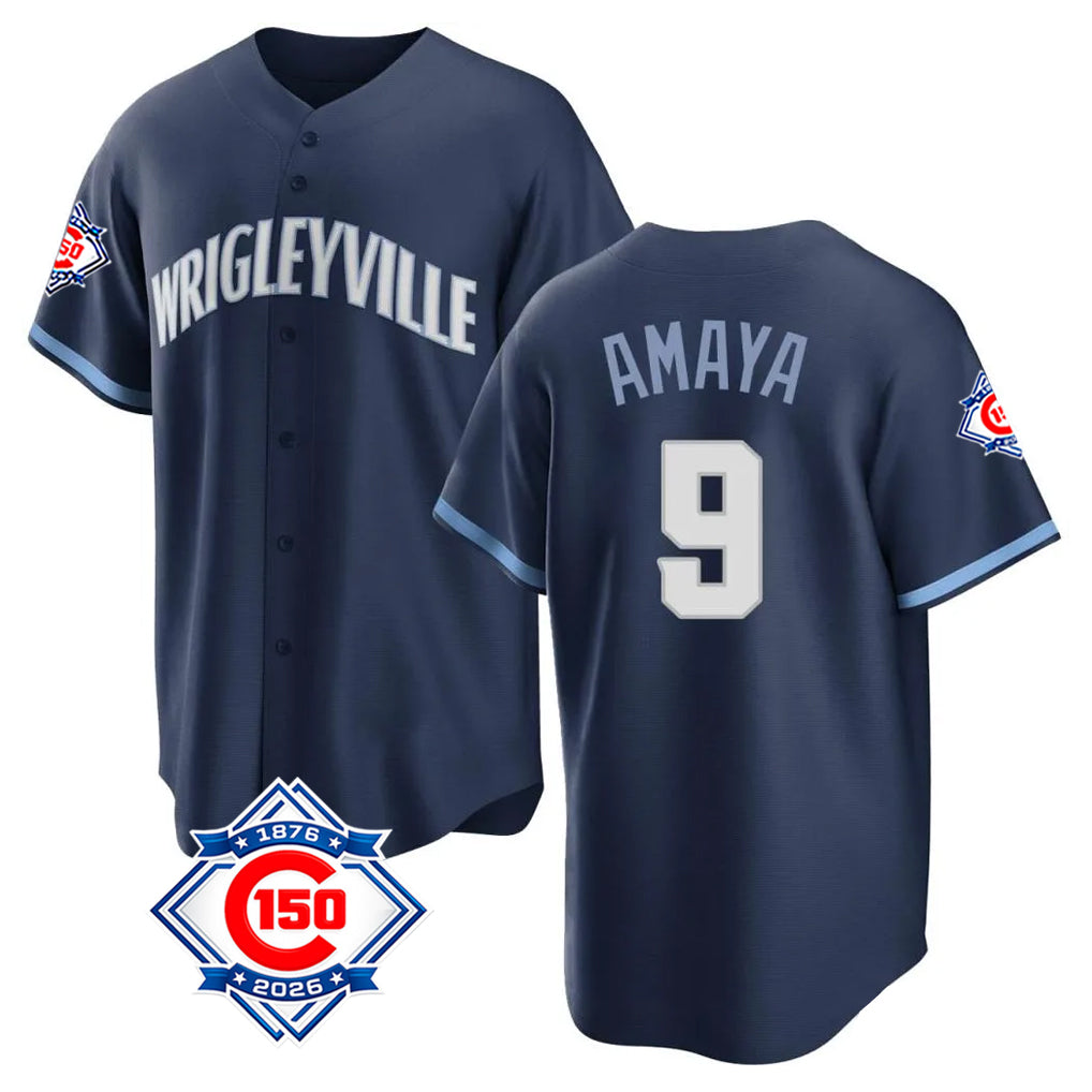 MATTH C.Cubs #9 Miguel Amaya Player Navy 150th Anniversary City Connect Home Game Stitched Jerseys