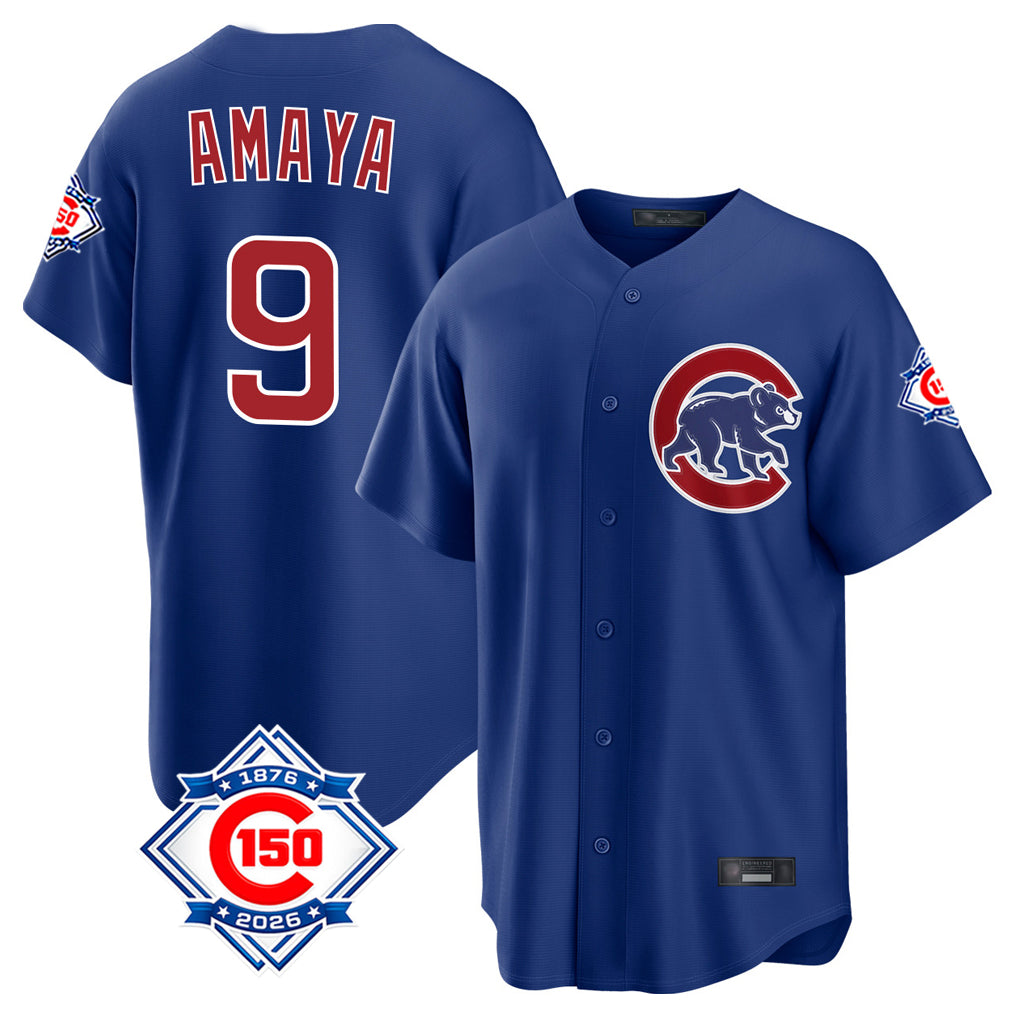 MATTH C.Cubs #9 Miguel Amaya Player Royal 150th Anniversary Home Game Stitched Jerseys