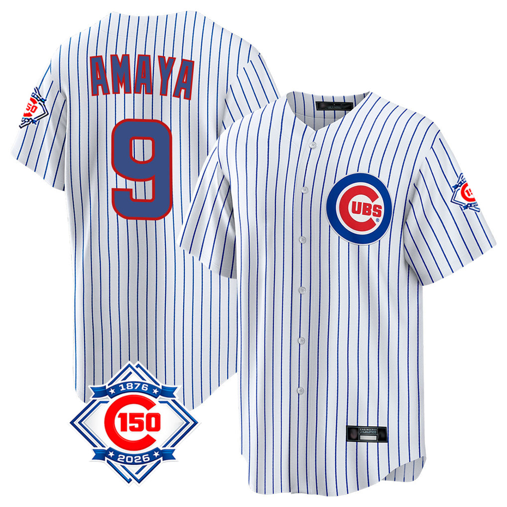 MATTH C.Cubs #9 Miguel Amaya Player White 150th Anniversary Home Game Stitched Jerseys