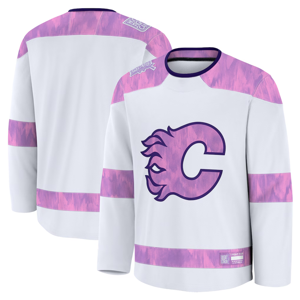 MATTH C.Flames White 2024 Hockey Fights Cancer Practice Jerseys