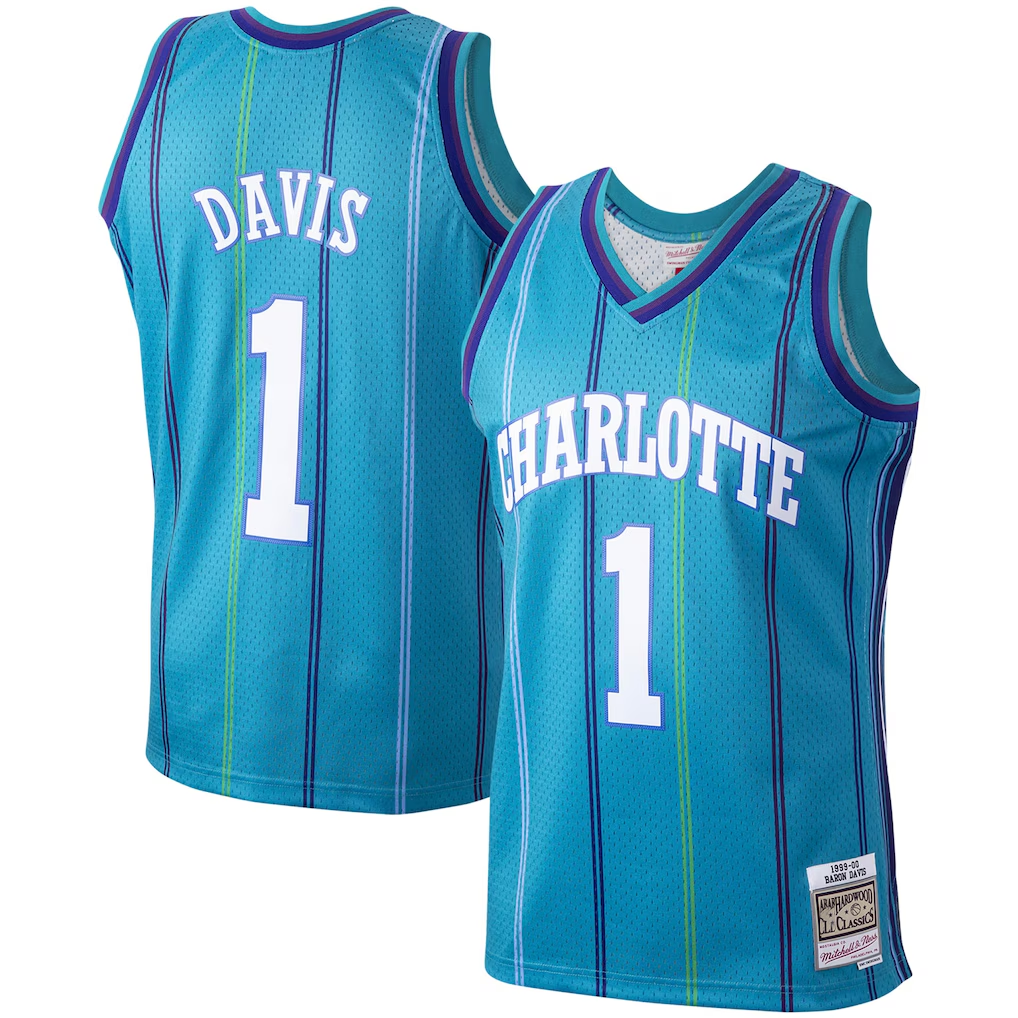 MATTH C.Hornets #1 Baron Davis Mitchell & Ness Teal 199900 Hardwood Classics Swingman Jerseys