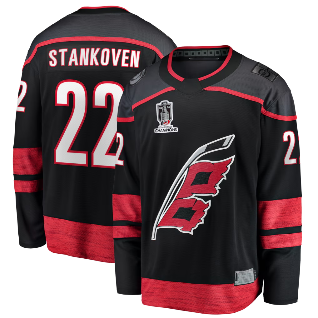 MATTH C.Hurricanes #22 Logan Stankoven Black 2026 Stanley Cup Champions Home Breakaway Stitched Jerseys