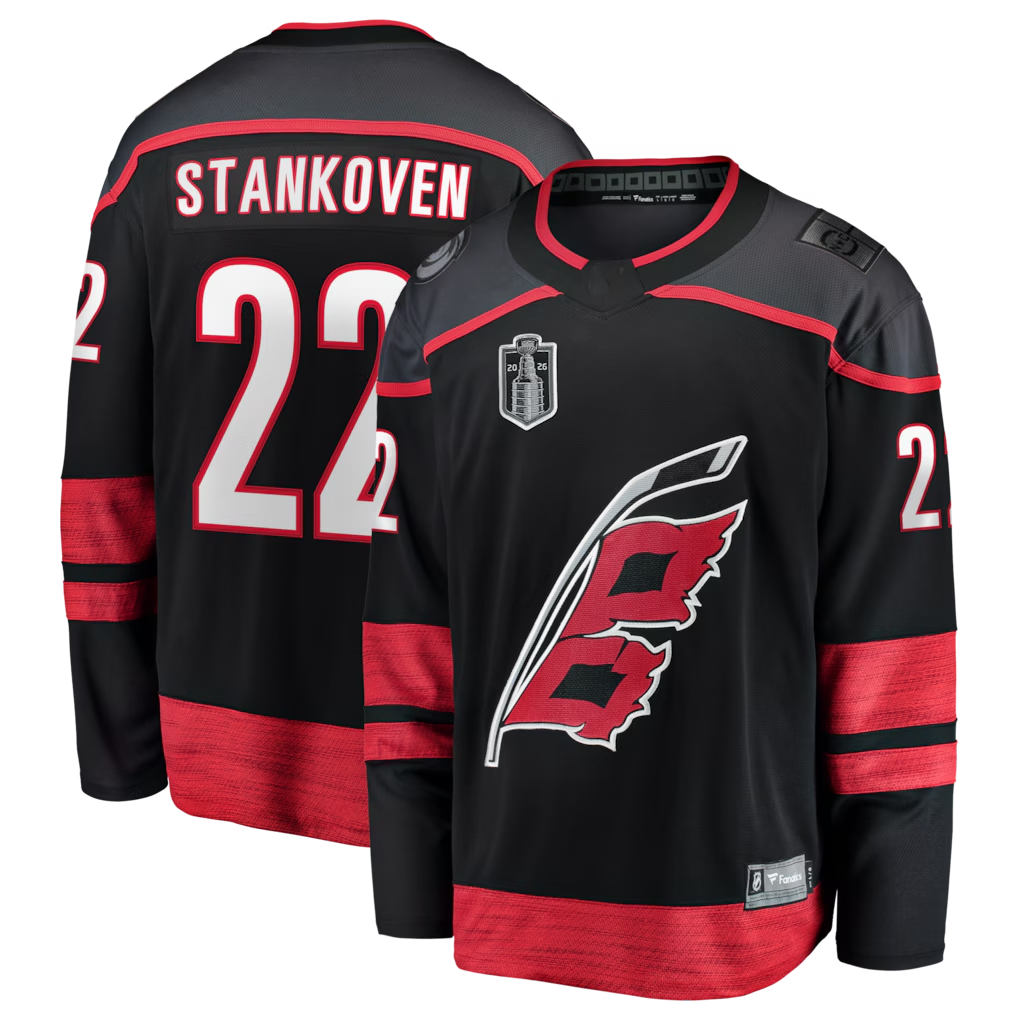 MATTH C.Hurricanes #22 Logan Stankoven Black 2026 Stanley Cup Final Home Breakaway Stitched Jerseys