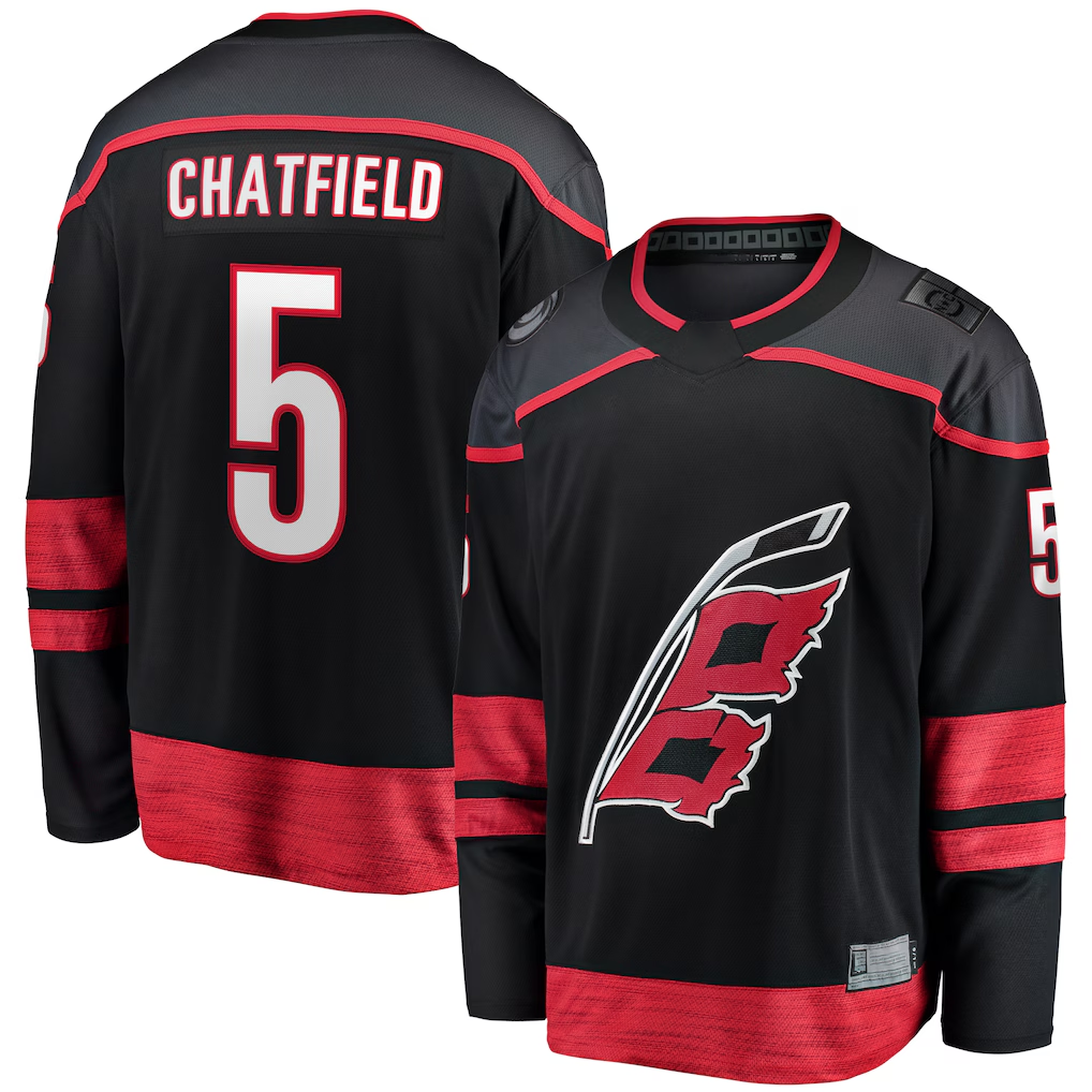 MATTH C.Hurricanes #5 Jalen Chatfield Black Home Premier Breakaway Player Stitched Jerseys