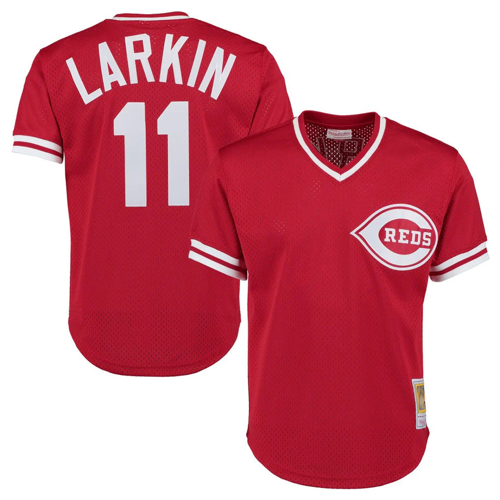 MATTH C.Reds #11 Barry Larkin Player Mitchell & Ness Red Throwback Cooperstown Mesh T-shirt Game Stitched Jerseys