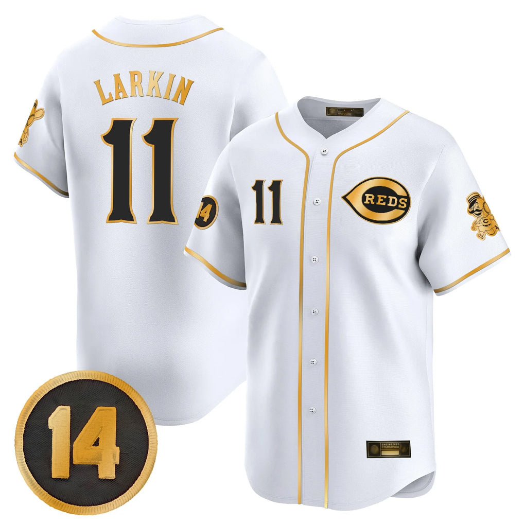 MATTH C.Reds #11 Barry Larkin Player White-Gold Vapor Premier Limited Home Stitched Jerseys