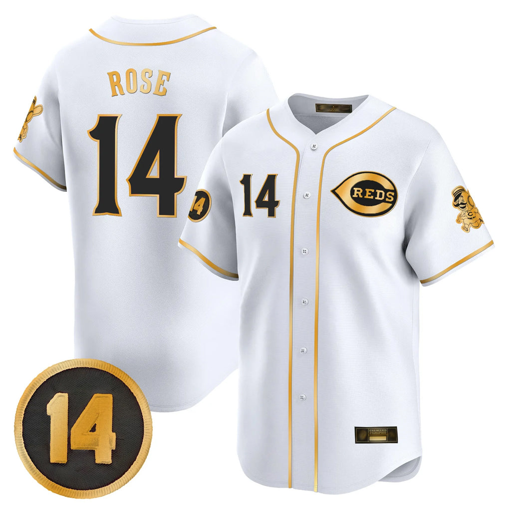 MATTH C.Reds #14 Pete Rose Player White-Gold Vapor Premier Limited Home Stitched Jerseys