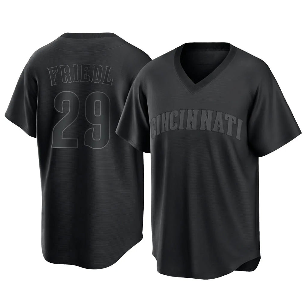 MATTH C.Reds #29 TJ Friedl Player Black T-shirt Game Home Stitched Jerseys