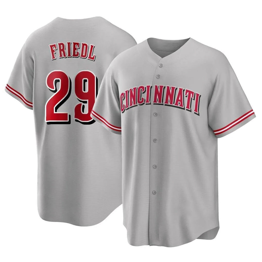 MATTH C.Reds #29 TJ Friedl Player Gray Home Game Stitched Jerseys