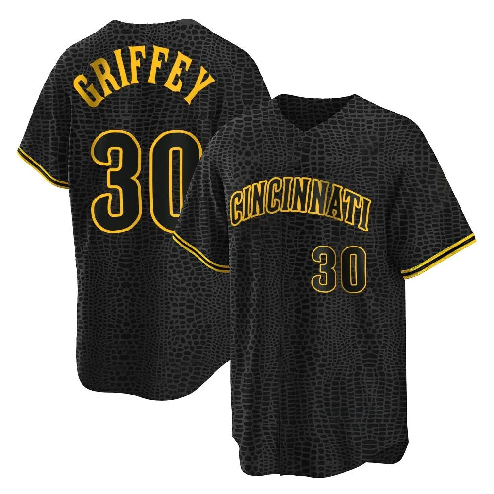 MATTH C.Reds #30 Ken Griffey Player Black Snake Skin City Home Stitched Jerseys