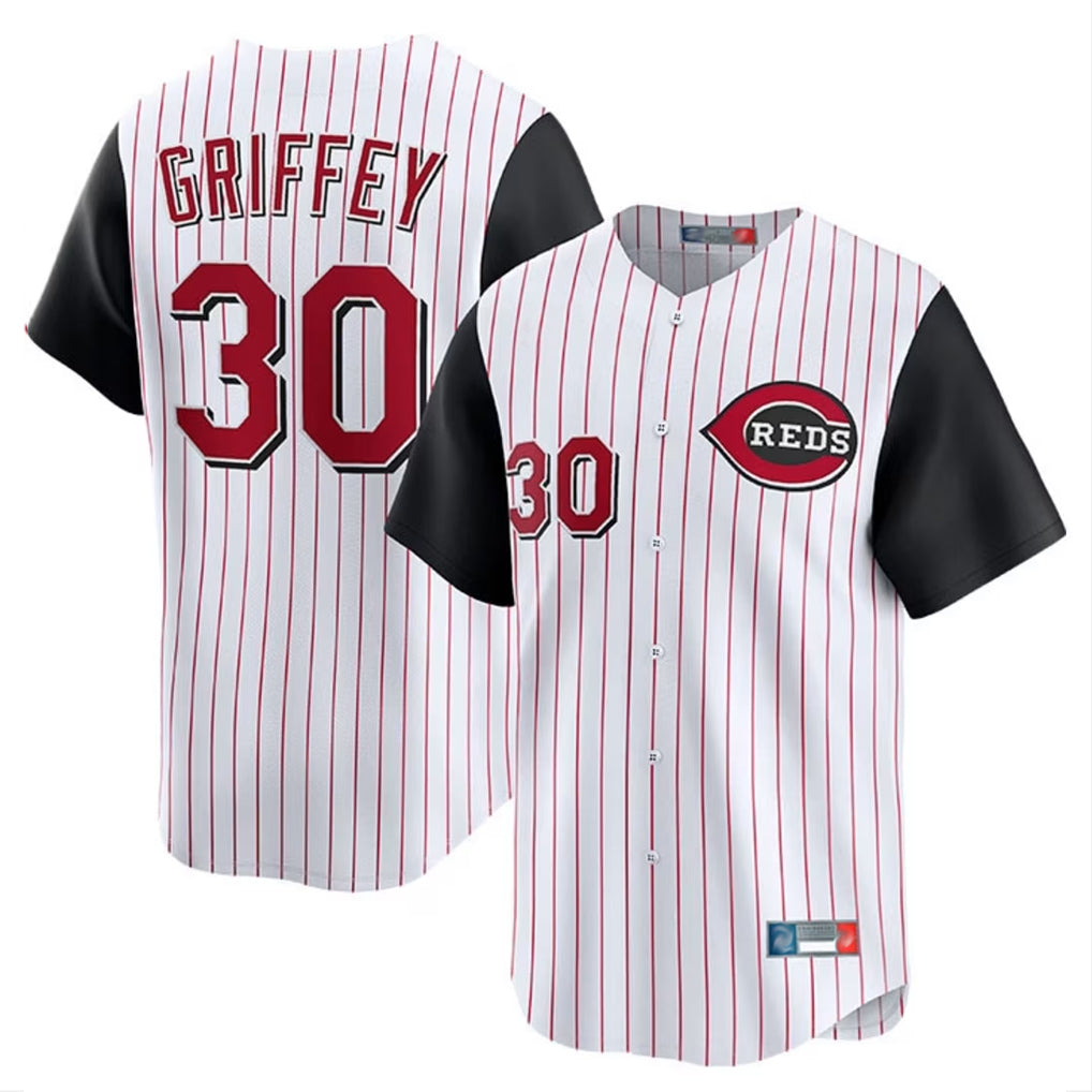 MATTH C.Reds #30 Ken Griffey Player White Black Stripe Field of Dreams Game Home Stitched Jerseys