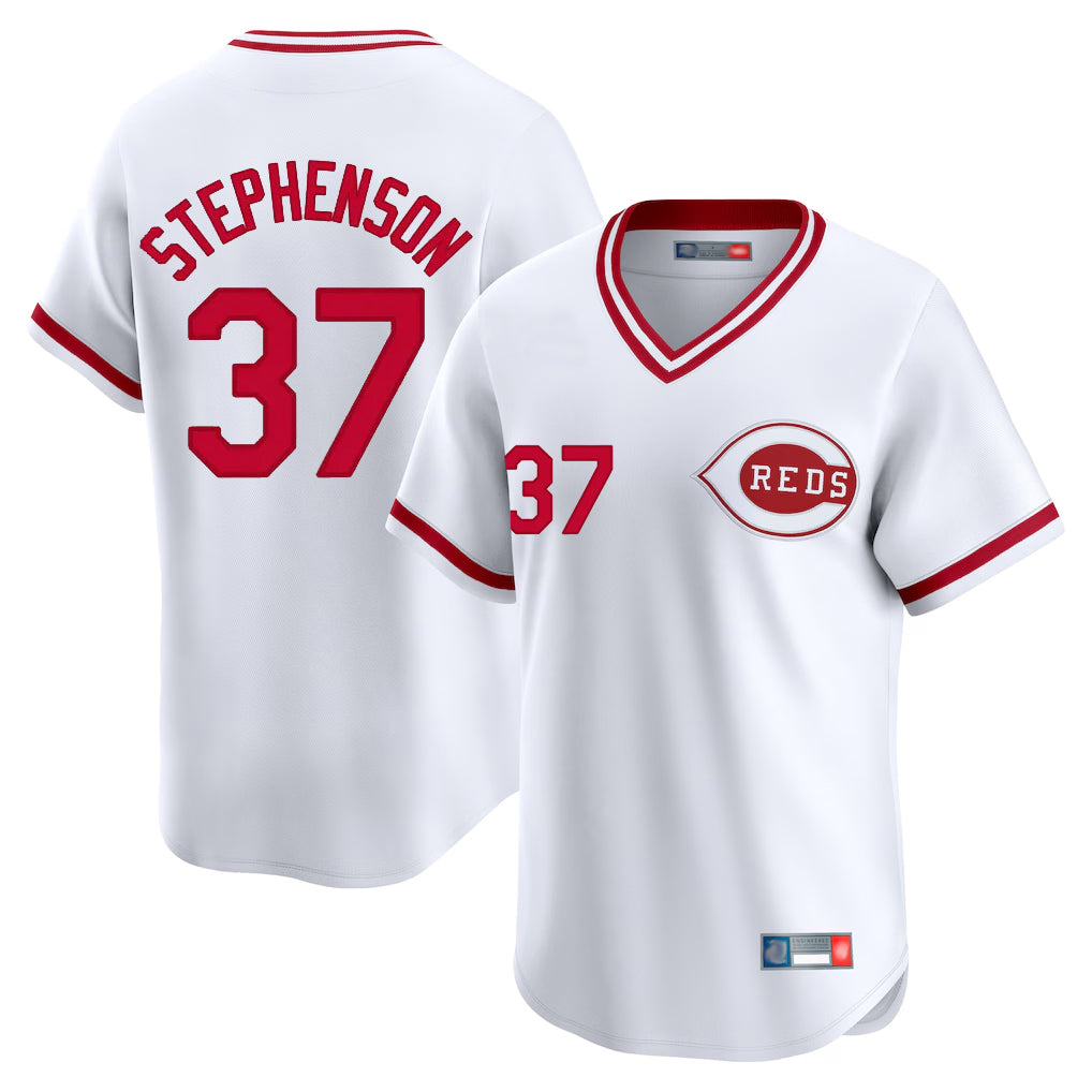 MATTH C.Reds #37 Tyler Stephenson Player White Cooperstown Collection Limited T-shirt Home Stitched Jerseys