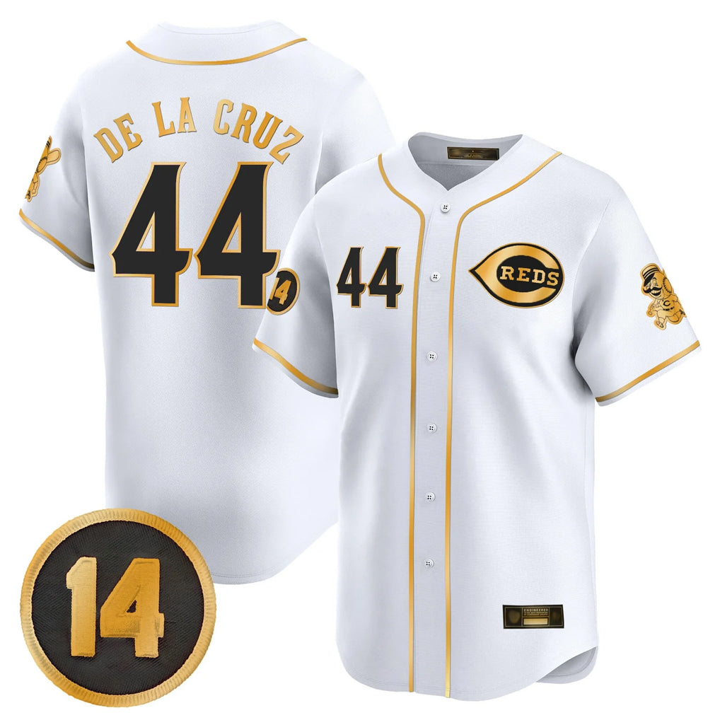 MATTH C.Reds #44 Elly De La Cruz Player White-Gold Vapor Premier Limited Home Stitched Jerseys