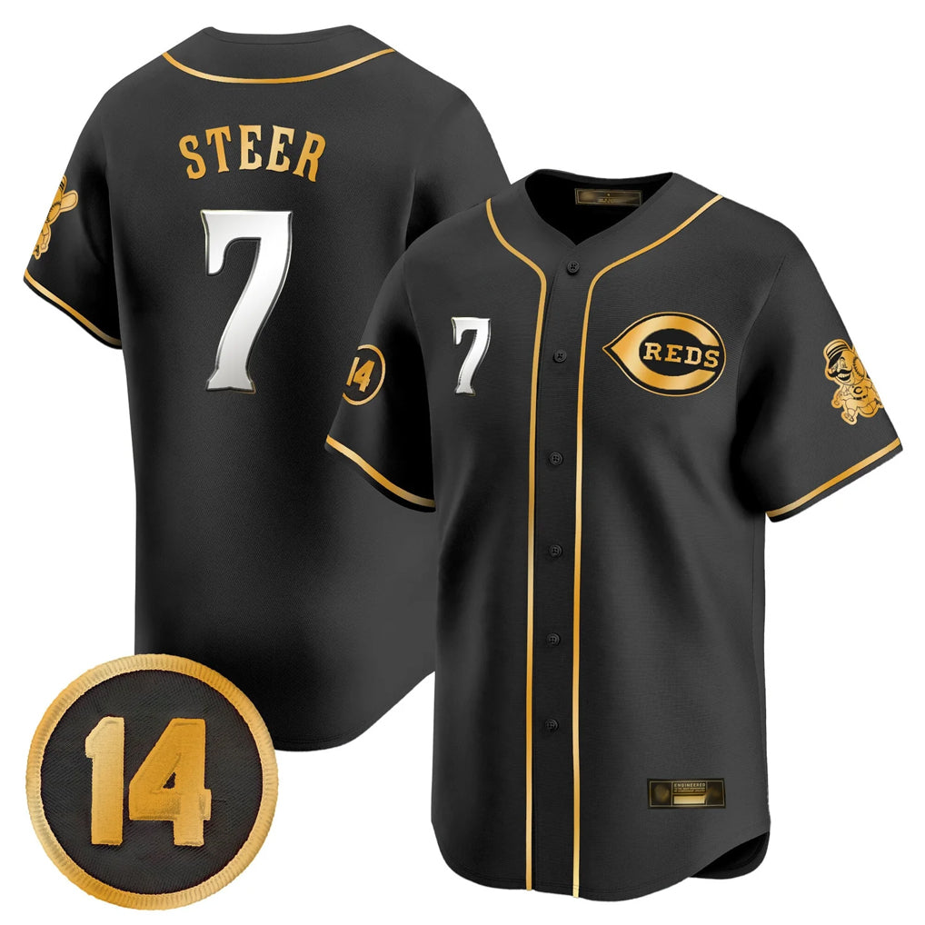 MATTH C.Reds #7 Spencer Steer Player Black-Gold Vapor Premier Limited Home Stitched Jerseys