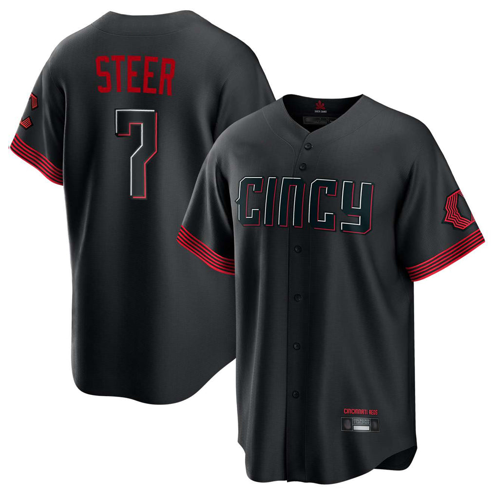 MATTH C.Reds #7 Spencer Steer Player Black City Connect Home Game Stitched Jerseys